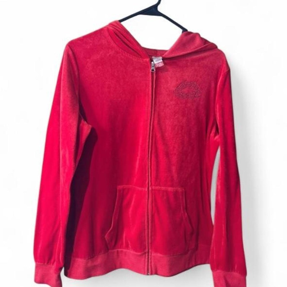 No Boundaries Y2K Red Velour Zip Up Hoodie Rhinestone Lips XL N844T1050